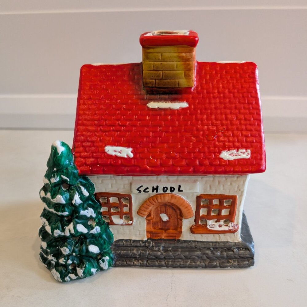 Christmas Village Ceramic School House Tealight lit